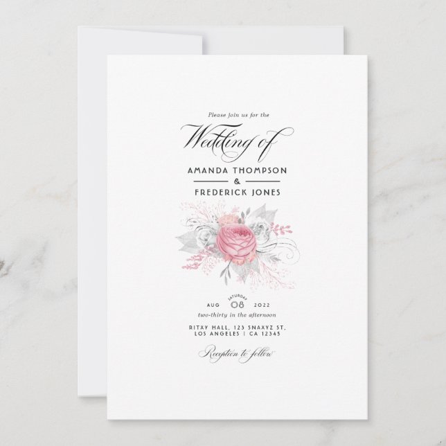 Convites Casamento Floral Rosa, Prata e Branco (Frente)
