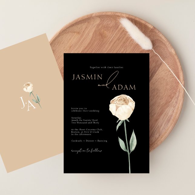 Convites Casamento Floral Rosa Preto Simples Elegante (Simple Elegant Black Pink Rose Floral Wedding Invitation)
