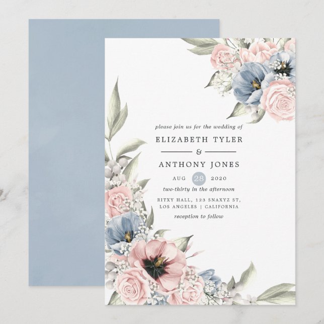 Convites Casamento Floral Rosa Quartzo e Azul Serenidade (Frente/Verso)