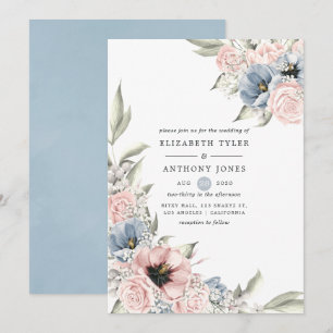 Convites Casamento Floral Rosa Quartzo e Azul Serenidade