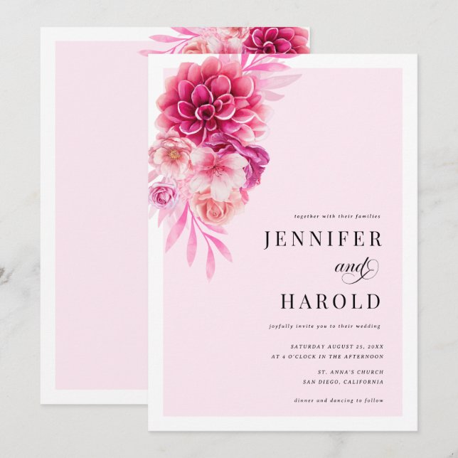 Convites Casamento Floral Rosa-Quente Vibrante (Frente/Verso)