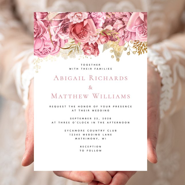 Convites Casamento Floral Rosa Romântico Dourado (Criador carregado)