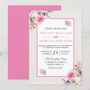 Convites Casamento Floral Rosa-Rosa Belo Elegante