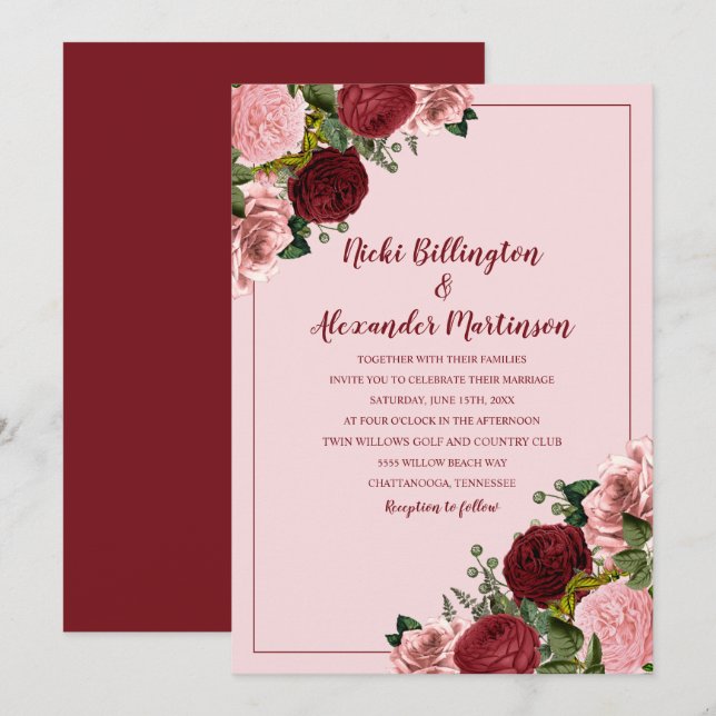 Convites Casamento Floral Rosa-Rosa-Blush Rustic Burgundy (Frente/Verso)