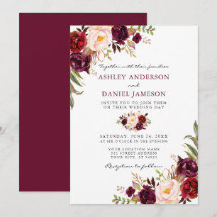 Convites Casamento Floral Rosa-Rosa Burgundy Elegante