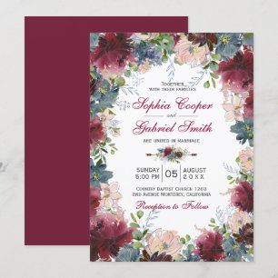 Convites Casamento Floral Rosa-Rosa-Marinho Botânico Modern