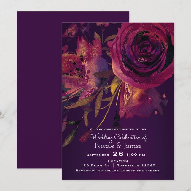 Convites Casamento Floral Rosa Roxo Ousado Vinho Borgonha (Frente/Verso)