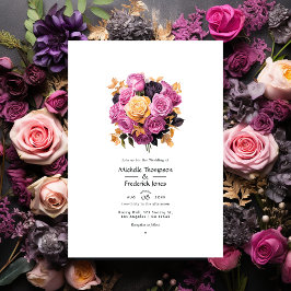 Convites Casamento Floral, Rosa, Roxo, Preto e Dourado