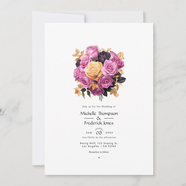 Convites Casamento Floral Rosa, Roxo, Preto e Dourado (Frente)