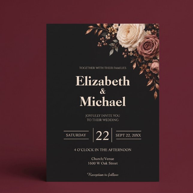 Convites Casamento Floral Rosa Rubor Preto (Criador carregado)