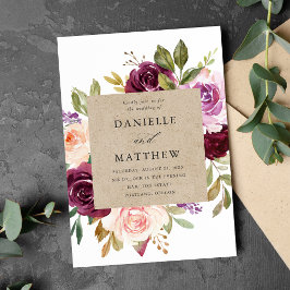 Convites Casamento Floral Rosa Rústico Borgonha e Roxo