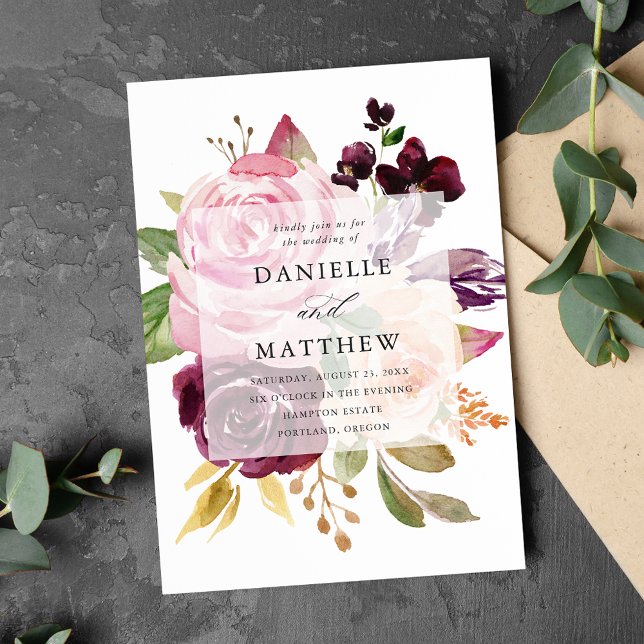 Convites Casamento Floral Rosa Rústico Borgonha e Roxo (Criador carregado)