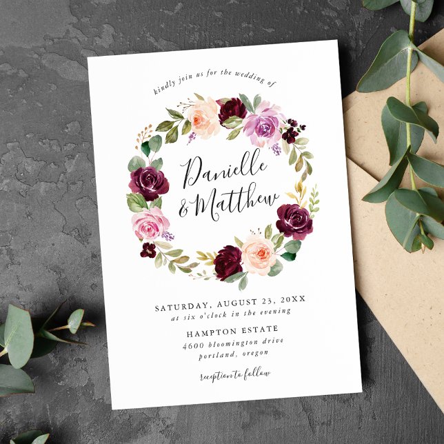 Convites Casamento Floral Rosa Rústico Borgonha e Roxo (Criador carregado)