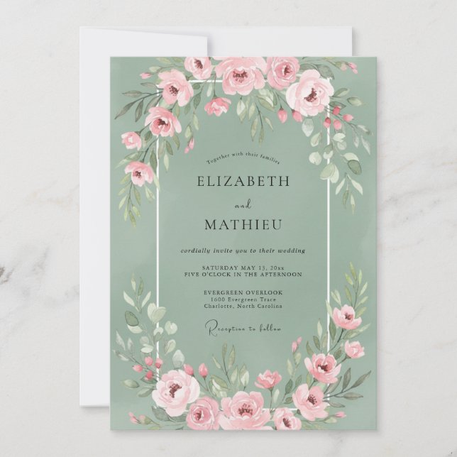 Convites Casamento Floral Rosa Sage (Frente)