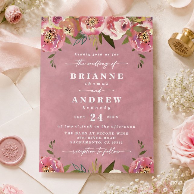 Convites Casamento Floral Rosa Selvagem Chic em Flor (Wild rose pink watercolor and floral wedding invites)