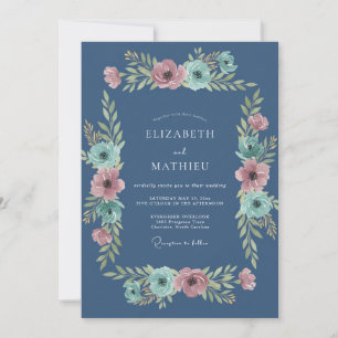 Convites Casamento Floral Rosa Slate Aqua