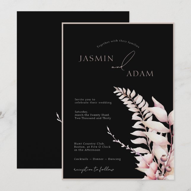 Convites Casamento Floral Rosa Suave Boho Preto (Frente/Verso)