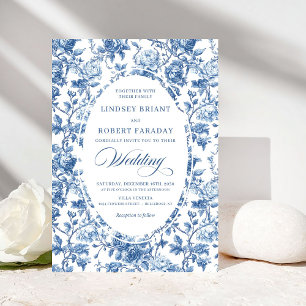 Convites Casamento Floral Rosa Toile de Jouy Azul Marinho E