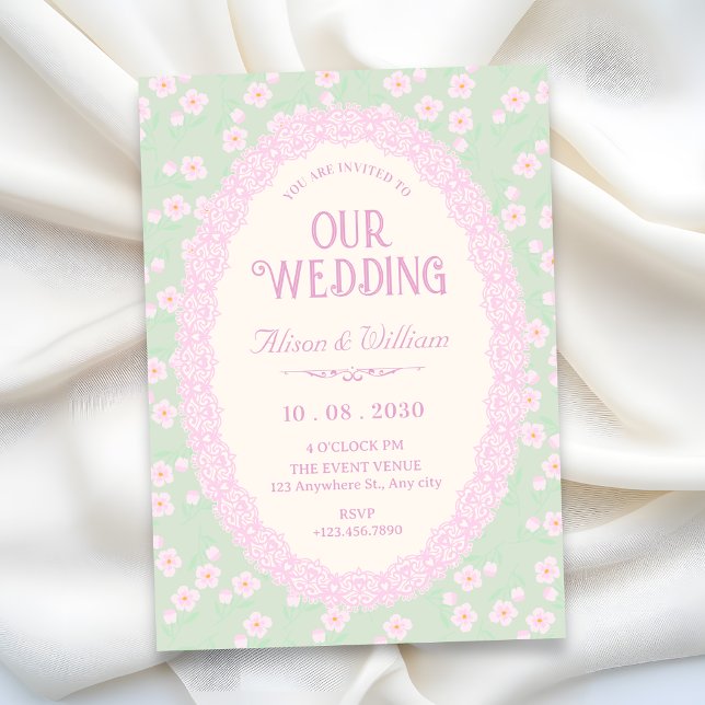 Convites Casamento floral rosa verde pastel (Criador carregado)