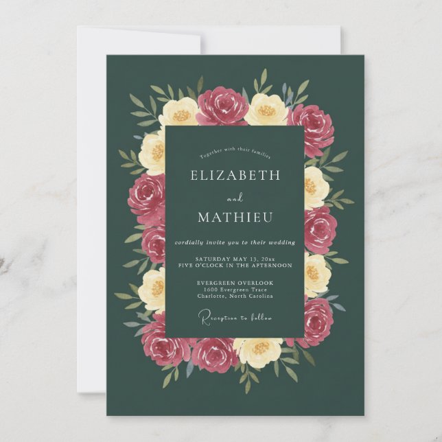 Convites Casamento Floral Rosa Verde Profundo (Frente)