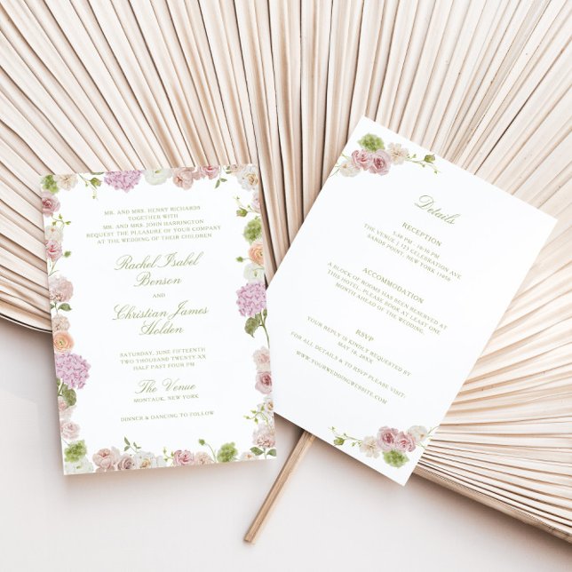 Convites Casamento Floral Rosa Verde Tudo em Um (Criador carregado)