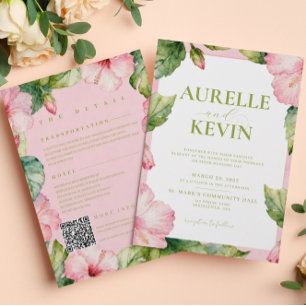 Convites Casamento Floral Rosa Verde Verão Aquarela QRcode