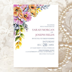 Convites Casamento Floral Rosa Vibrante e Laranja