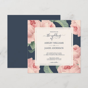 Convites Casamento Floral Rosa Vintage Azul Escuro Chic