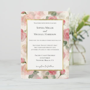 Convites Casamento Floral Rosas Rosa Bege Romântico Dourado