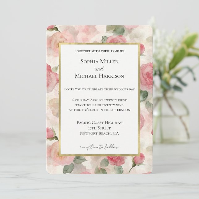 Convites Casamento Floral Rosas Rosa Bege Romântico Dourado (Em pé/Frente)