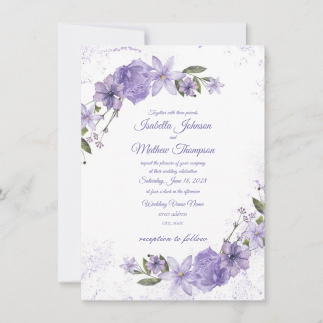 Convites Casamento Floral Roxo (Frente)