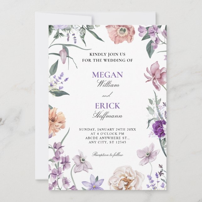 Convites Casamento floral roxo (Frente)