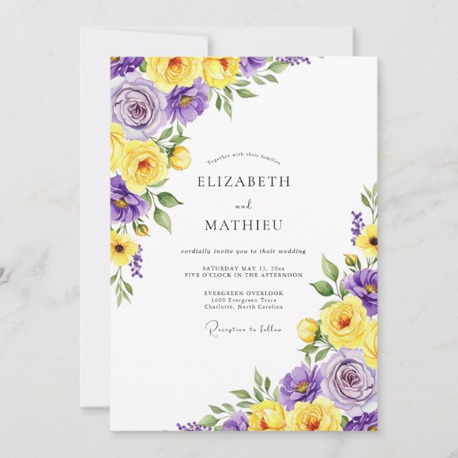 Convites Casamento Floral Roxo Amarelo (Frente)