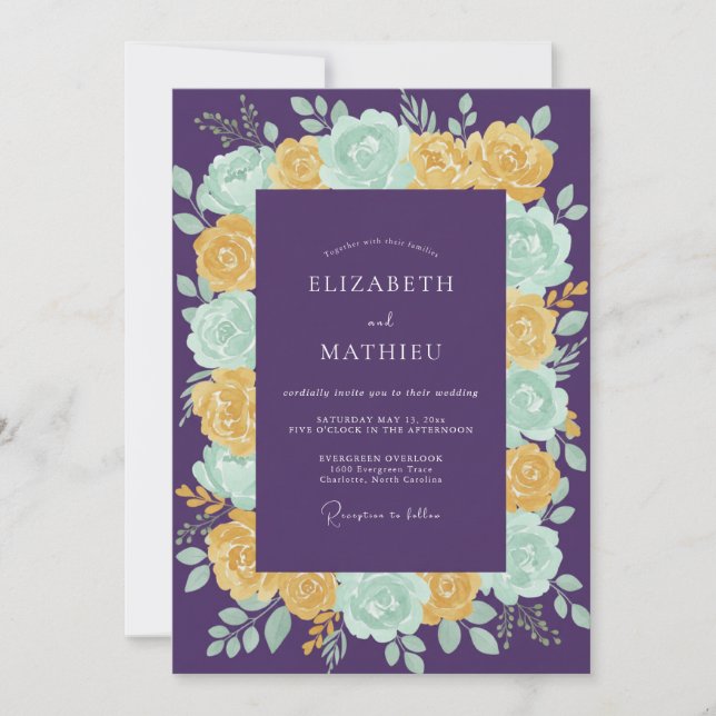 Convites Casamento Floral Roxo Amarelo Menta (Frente)