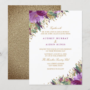 Convites Casamento Floral Roxo Âmbar Brilhante