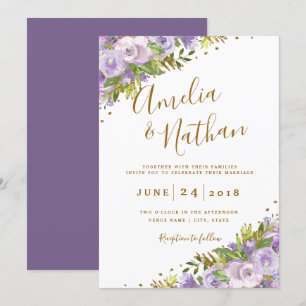 Convites Casamento Floral Roxo Aquarela Dourado