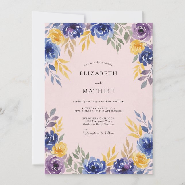 Convites Casamento Floral Roxo Azul (Frente)
