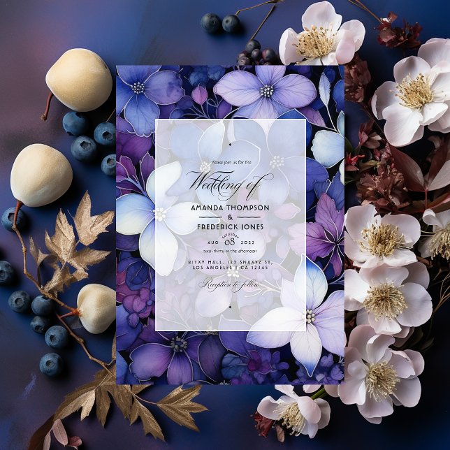 Convites Casamento Floral Roxo, Azul Marinho e Prata (Criador carregado)