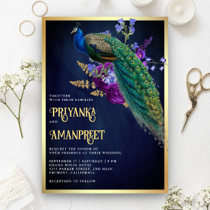 Convites Casamento Floral Roxo Azul Meia-Noite Indiano Pavã