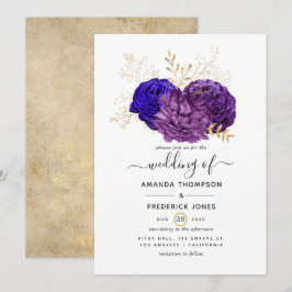Convites Casamento Floral Roxo, Azul Real e Dourado