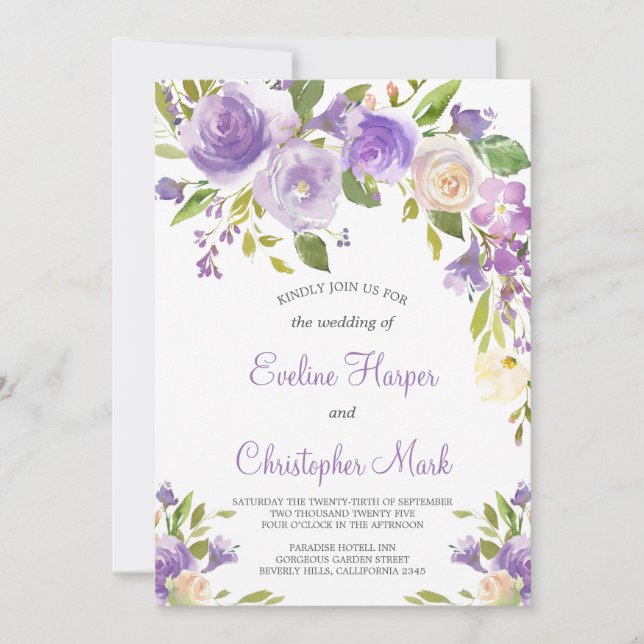 Convites Casamento floral roxo Boho Greenery Calliografia (Frente)