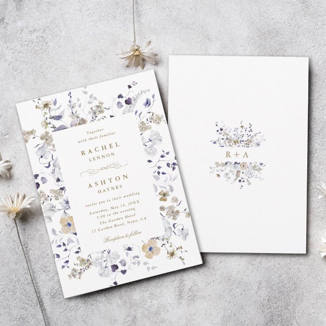 Convites Casamento Floral Roxo Branco Dourado Romântico  (Front & Back)