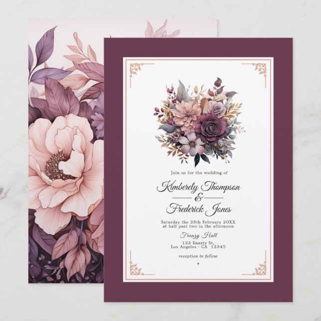 Convites Casamento Floral Roxo, Cinza, Cobre e Rosa Empoeir (Frente/Verso)
