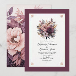 Convites Casamento Floral Roxo, Cinza, Cobre e Rosa Empoeir