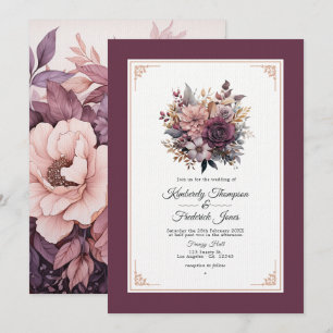 Convites Casamento Floral Roxo, Cinza, Cobre e Rosa Empoeir