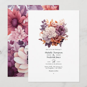 Convites Casamento Floral Roxo, Cinza, Cobre e Rosa Empoeir