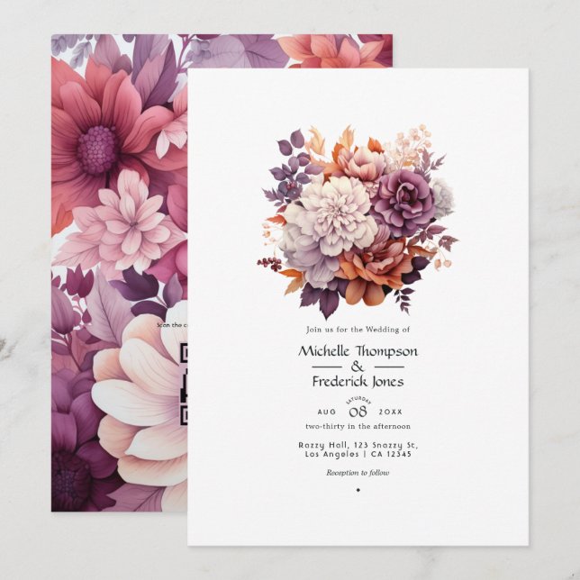 Convites Casamento Floral Roxo, Cinza, Cobre e Rosa Empoeir (Frente/Verso)
