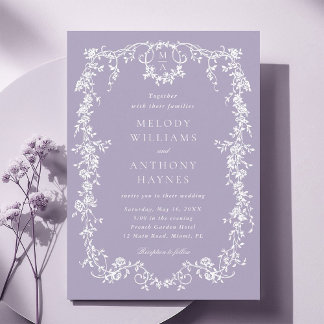 Convites Casamento Floral Roxo Clássico Francês Vitoriano