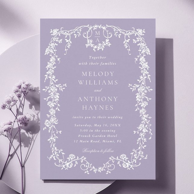Convites Casamento Floral Roxo Clássico Francês Vitoriano (Criador carregado)
