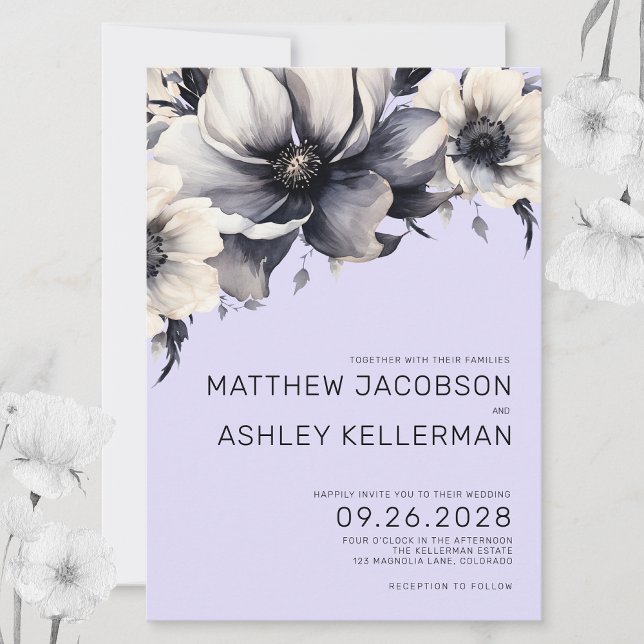 Convites Casamento Floral Roxo com Aquarela Moderna (Chic Modern Lilac Lavender Purple Floral Wedding Invitation)